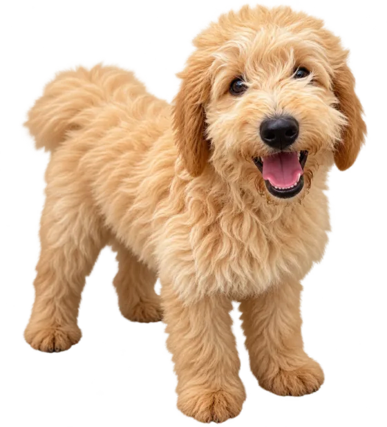 Pui Goldendoodle, auriu — fotografie a exemplarului.