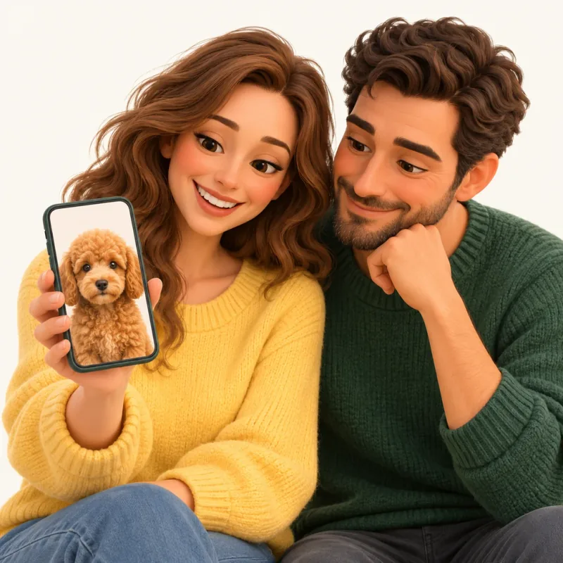 Ilustrație: un cuplu privește pe telefon fotografia cățelului propus.