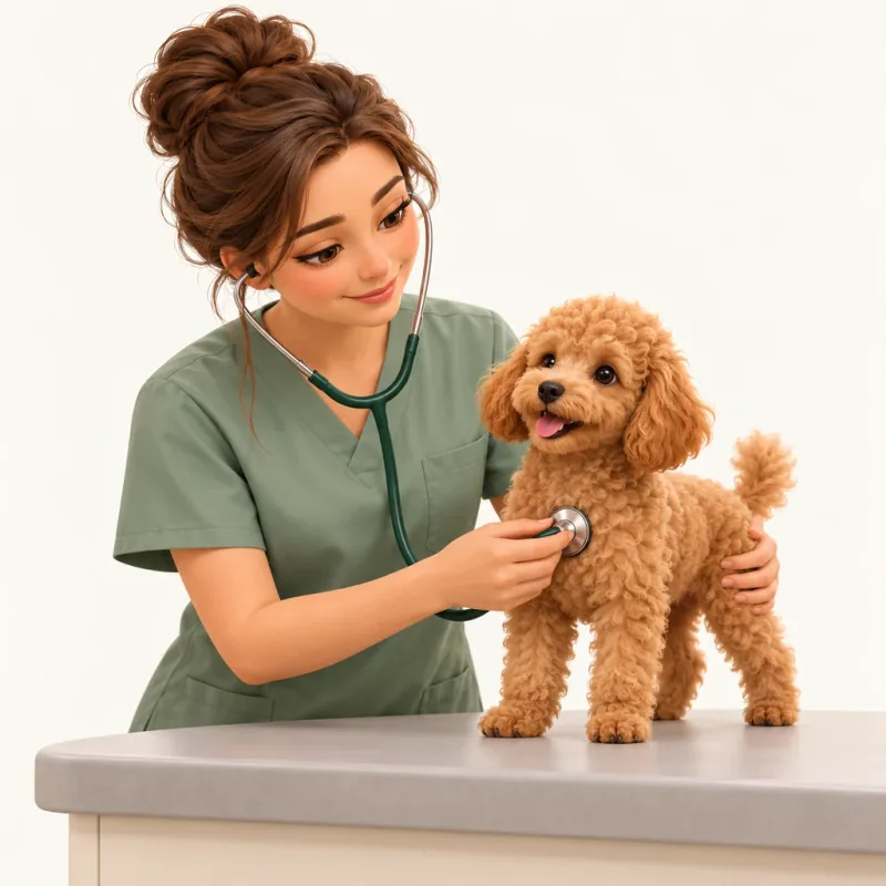 Ilustrație: un medic veterinar examinează cățelul cu un stetoscop.